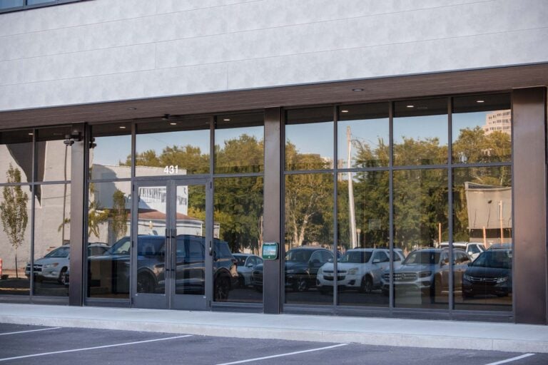 Aluminum-framed commercial glass entrance doors installed by McIntyre Glass in Ohio