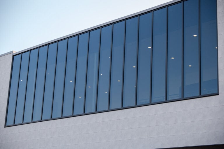 Dark commercial curtain wall glazing installed by McIntyre Glass in Ohio