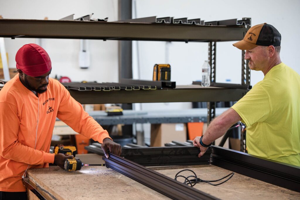 Assembling an aluminum door frame in our shop
